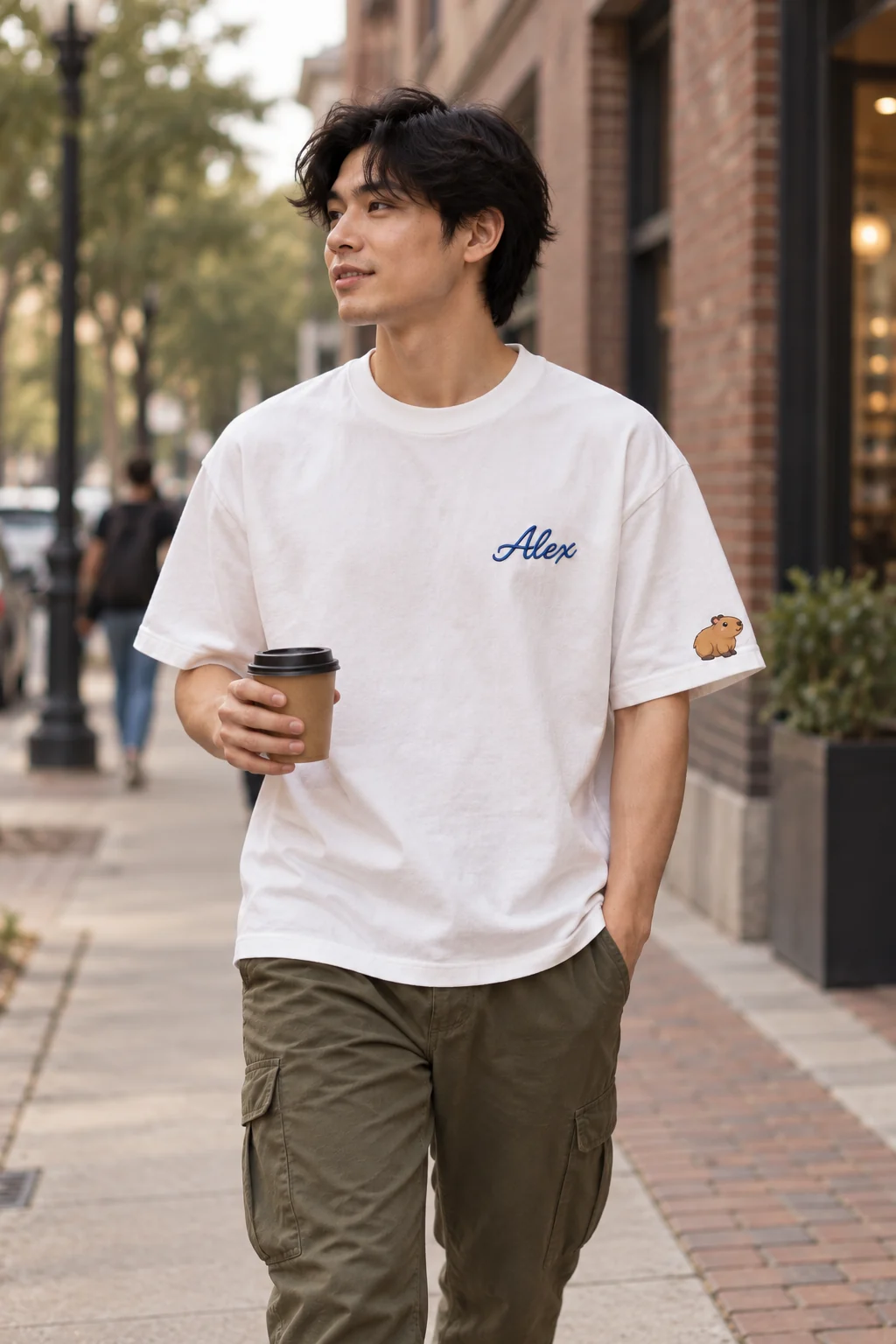 Born2Flex campaign showing a personalised white tee with a blue embroidered name